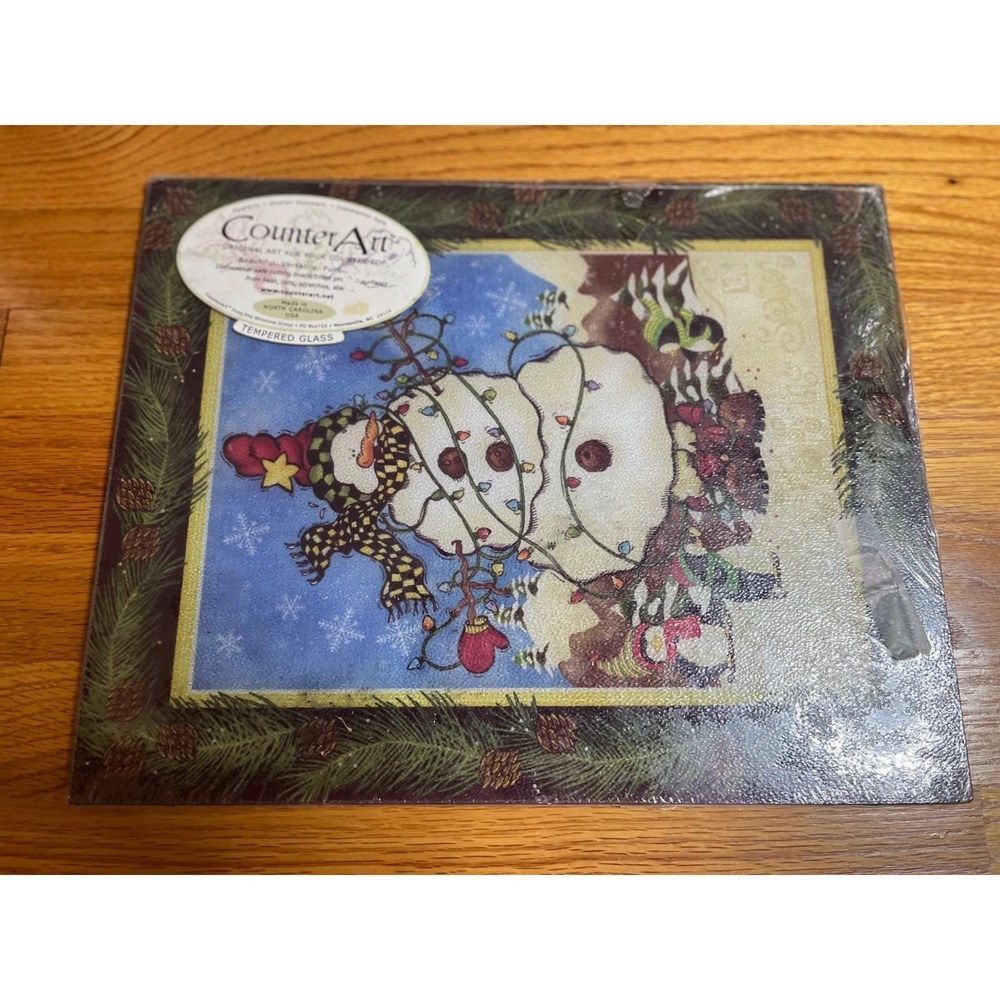 Vtg. CounterArt Snowman Tempered Glass Cutting Board Made In North Carolina NEW